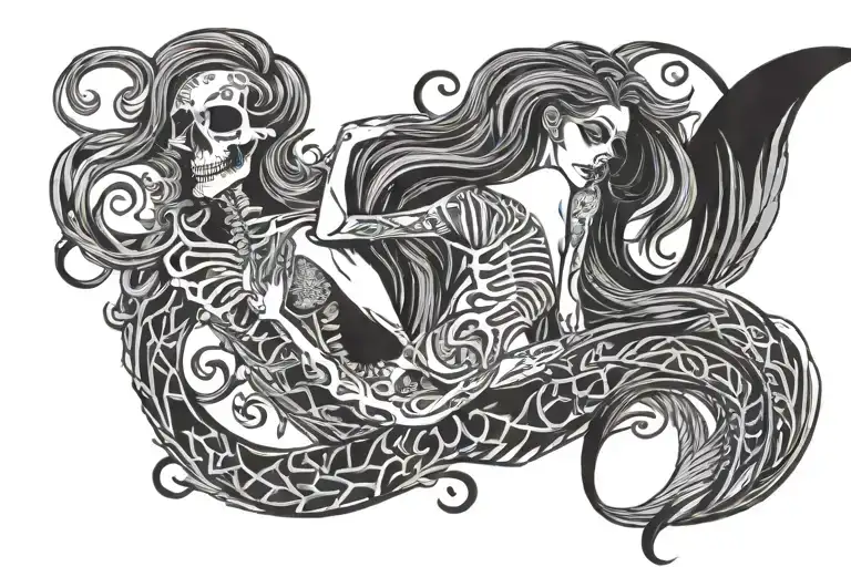 lower back mermaid skeleton smoking tattoo design idea