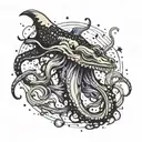 giant squid shooting ink splatter galaxy filled with stars tattoo design idea