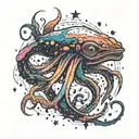 giant squid shooting ink splatter galaxy filled with stars tattoo design idea