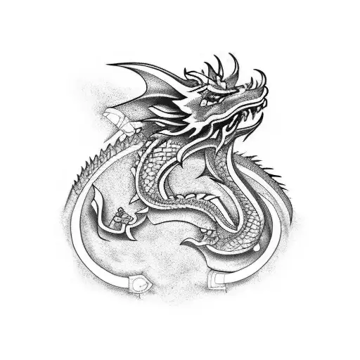 ancient dragon sleeve tattoo with bandages tattoo design idea