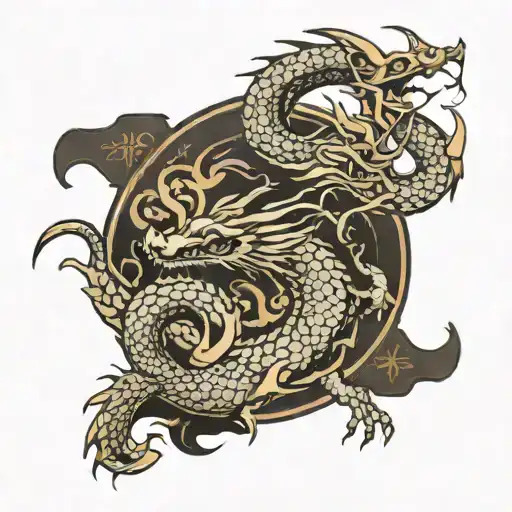 Create a tattoo design featuring a traditional Chinese dragon and a scorpion warrior in battle stance, with the text ‘VI tattoo design idea