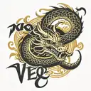 Create a tattoo design featuring a traditional Chinese dragon and a scorpion warrior in battle stance, with the text ‘VI tattoo design idea