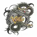 Create a tattoo design featuring a traditional Chinese dragon and a scorpion warrior in battle stance, with the text ‘VI tattoo design idea