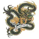 Create a tattoo design featuring a traditional Chinese dragon and a scorpion warrior in battle stance, with the text ‘VI tattoo design idea