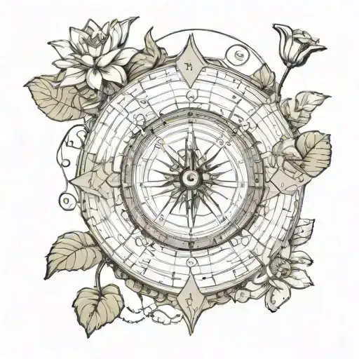 sundial compass with water lilies tattoo design idea