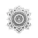 A Buddha statue emerging from a lotus flower with intricate mandala patterns tattoo design idea