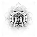 A Buddha statue emerging from a lotus flower with intricate mandala patterns tattoo design idea