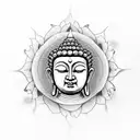 A Buddha statue emerging from a lotus flower with intricate mandala patterns tattoo design idea
