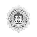 A Buddha statue emerging from a lotus flower with intricate mandala patterns tattoo design idea