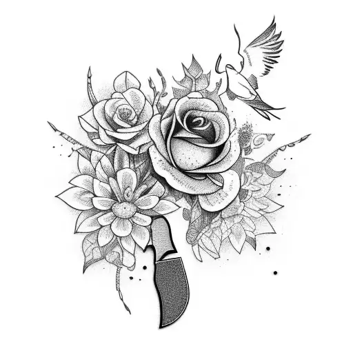 A blackwork tattoo of a knife surrounded by flowers and birds in a gothic style tattoo design idea