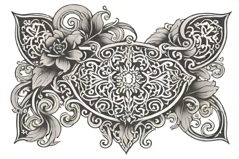 Ornamental chest tattoo with geometric and symmetrical motifs, curved lines, stylized floral details tattoo design idea