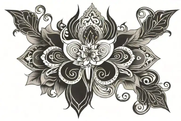 Ornamental chest tattoo with geometric and symmetrical motifs, curved lines, stylized floral details tattoo design idea