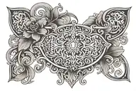 Ornamental chest tattoo with geometric and symmetrical motifs, curved lines, stylized floral details tattoo design idea