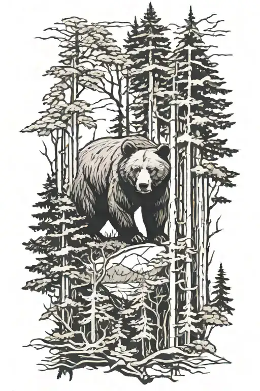 bear in the forest tattoo design idea