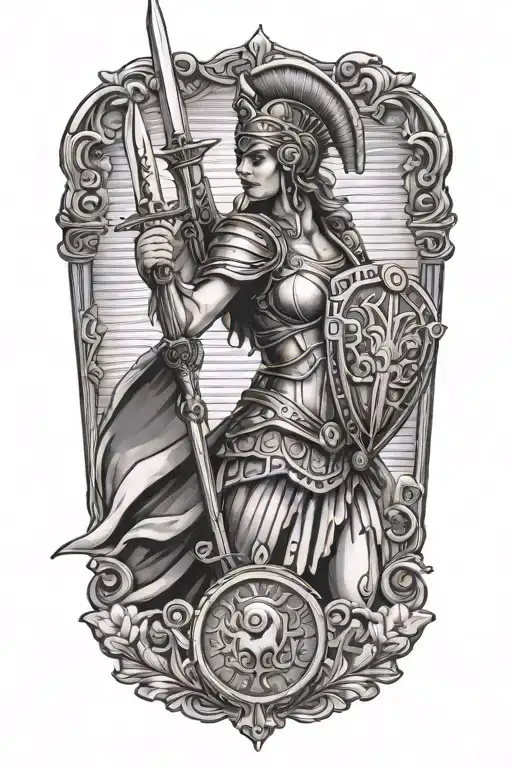 warrior Athena holding spear and shield tattoo design idea