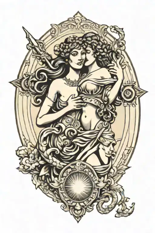 Athena and Aphrodite back to back with Medusa shield tattoo design idea