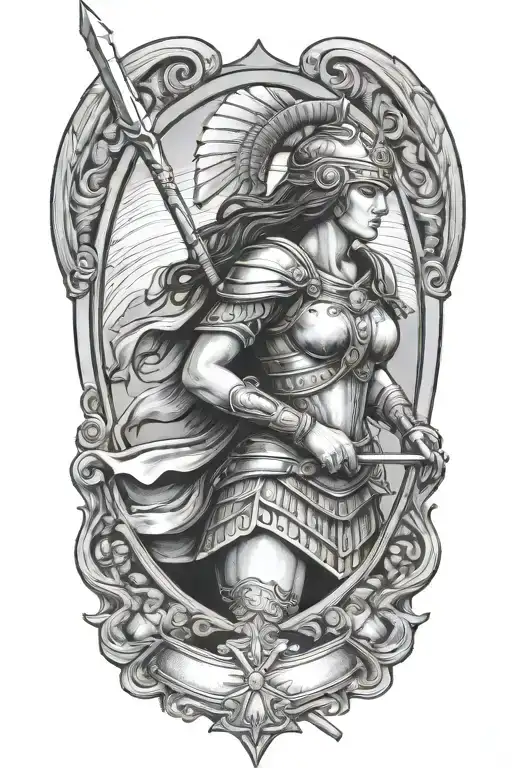 warrior Athena holding spear and shield tattoo design idea