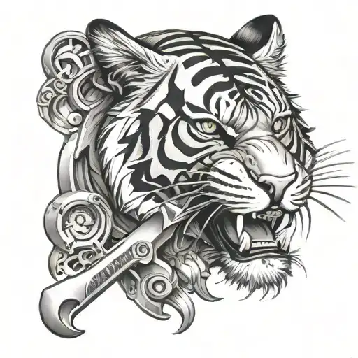An intricate design of a tiger's head morphing into a wrench, symbolizing the client's love for both tigers and mechanics tattoo design idea