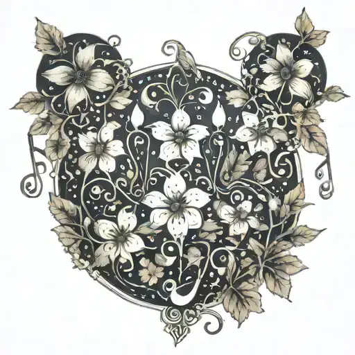 A whimsical garden scene with dancing flowers and musical notes intertwined, incorporating elements of dotwork style tattoo design idea