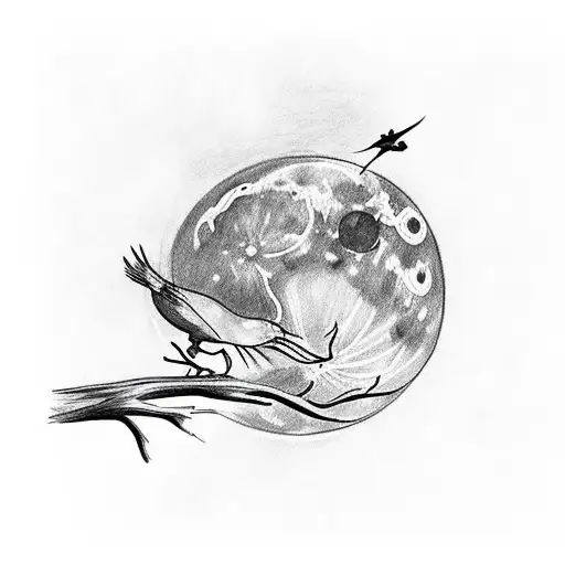1 big bird and 4 small birds on a branch and 1 big bird flying to the moon tattoo design idea