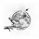 1 big bird and 4 small birds on a branch and 1 big bird flying to the moon tattoo design idea