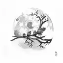 1 big bird and 4 small birds on a branch and 1 big bird flying to the moon tattoo design idea