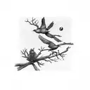 1 big bird and 4 small birds on a branch and 1 big bird flying to the moon tattoo design idea