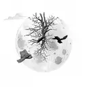 1 big bird and 4 small birds on a branch and 1 big bird flying to the moon tattoo design idea