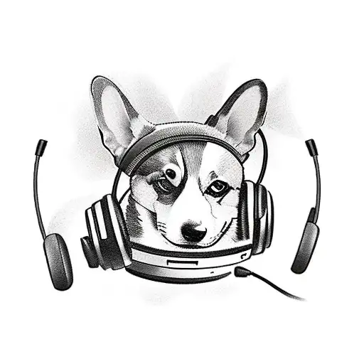 A new-school tattoo of a corgi wearing headphones, listening to music while playing a PlayStation controller. tattoo design idea