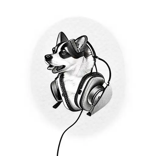 A new-school tattoo of a corgi wearing headphones, listening to music while playing a PlayStation controller. tattoo design idea