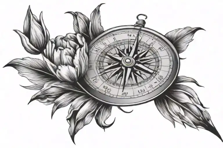 Create a tattoo stencil with and 8 direction compass around a circle which has tulips attached to it tattoo design idea