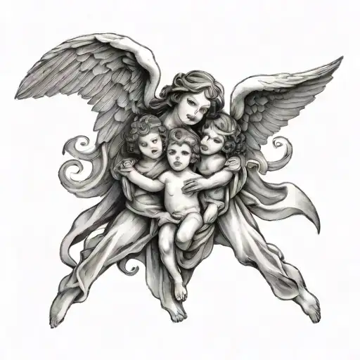 angel with his wife and son holding hands tattoo design idea