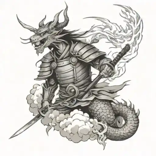 Samurai warrior and dragon with lightning and clouds tattoo design idea
