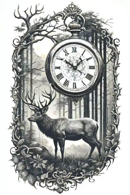 stag in a forest under moonlight but the moon is a pocket watch. tattoo design idea