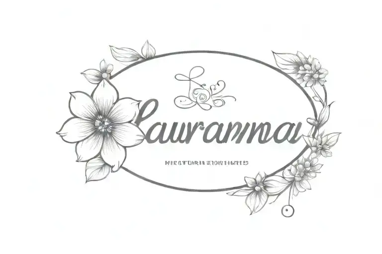 The lettering ‘Lauranna’ with a small flower at the beginning and end of the name in black and white tattoo design idea