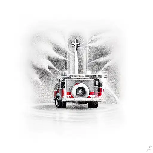 fire truck with firefighters rescuing a victim from a fire and then incorporate faith and a Christian cross and 343 tattoo design idea