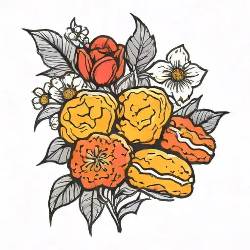 3 chicken nuggets with poppy, Astrid, daffodil flowers tattoo design idea
