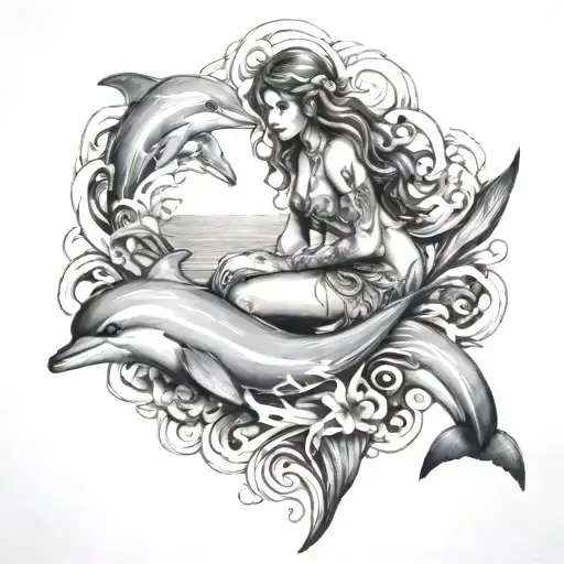 dolphins around Island girl sitting tattoo design idea