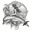 dolphins around Island girl sitting tattoo design idea
