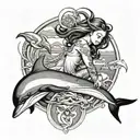 dolphins around Island girl sitting tattoo design idea