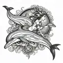 dolphins around Island girl sitting tattoo design idea