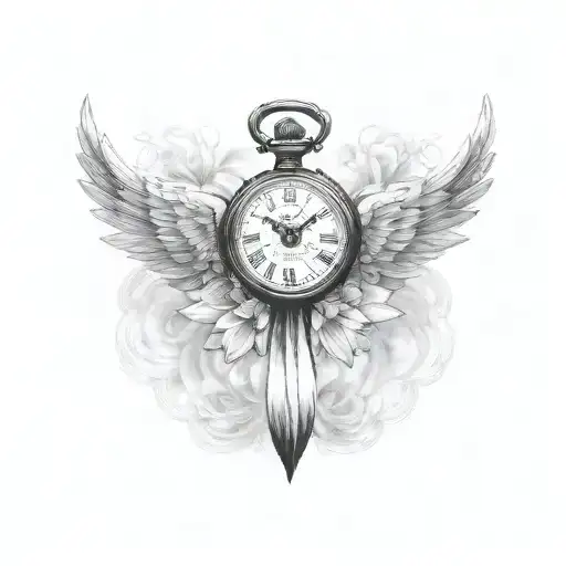 pocket watch angel wings with crucifix Daisy flower tattoo design idea