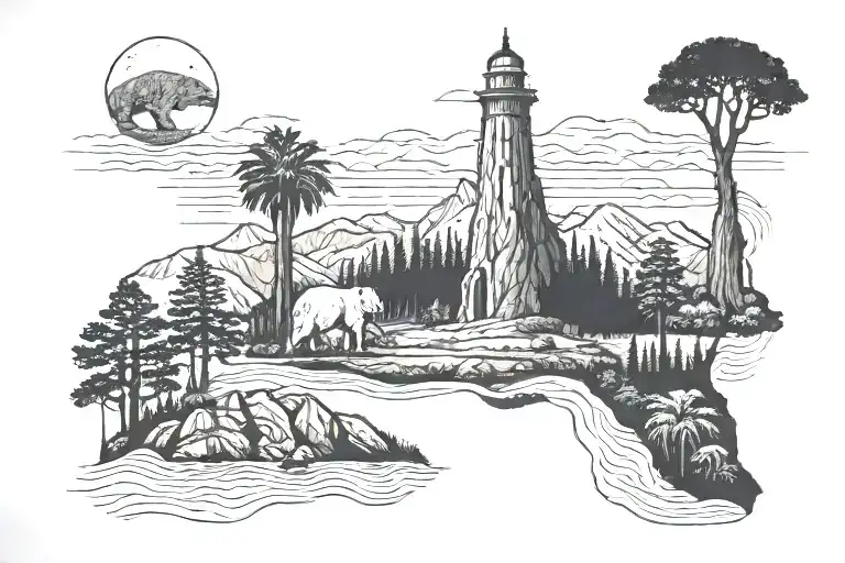 representing the vastly different faces of california, ie entertainment, nature, landmarks, national parks, etc.  tattoo design idea