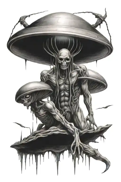 alien abduction scene with intricate tattoo design idea