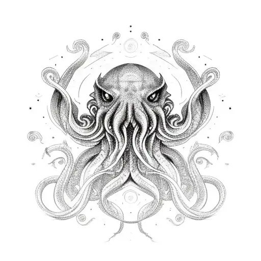 A sketch-style design featuring Cthulhu's silhouette surrounded by swirling cosmic patterns tattoo design idea