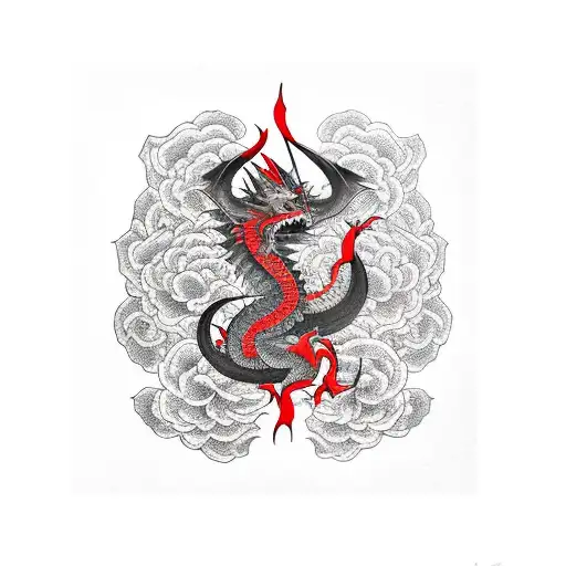 red dragon in black roses tattoo design idea