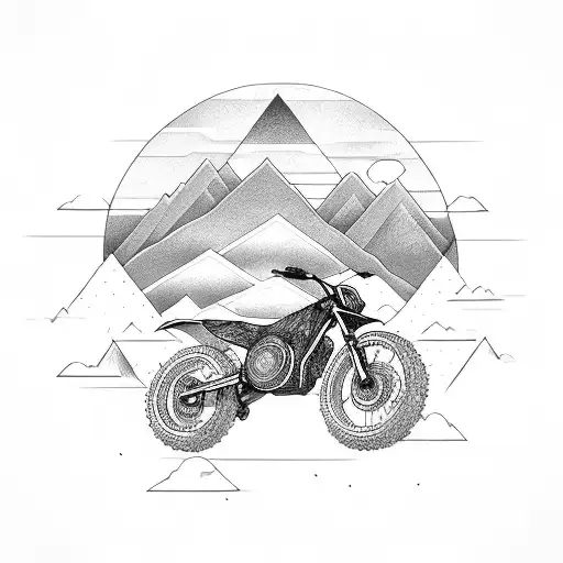 A turtle riding a dirt bike through a geometric mountain range tattoo design idea