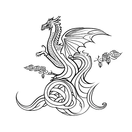 A minimalist tattoo of a mythical dragon intertwined with lush vines and flowers, inspired by The Hobbit tattoo design idea