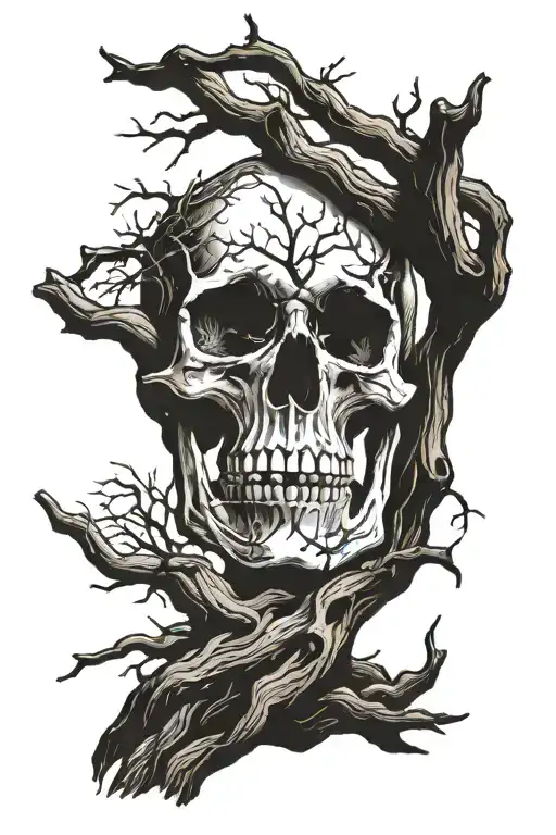 dead driftwood slender with skull in   branches tattoo design idea