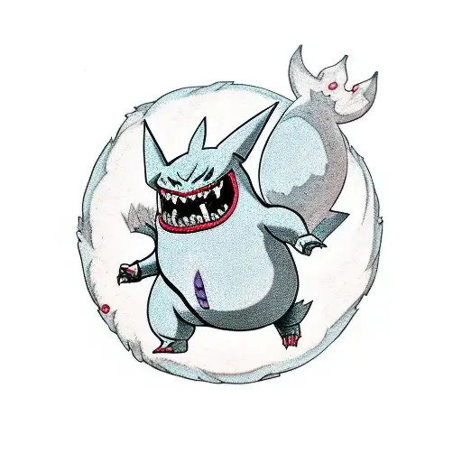A traditional style tattoo of Gengar in a dynamic pose, surrounded by other ghost-type Pokemon tattoo design idea